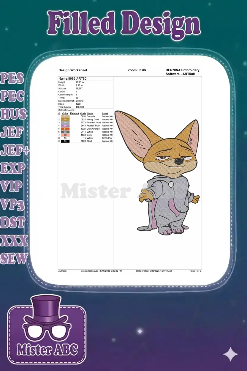 Embroidery design worksheet for Finnick, detailing dimensions, stitch count, colors, and machine info.