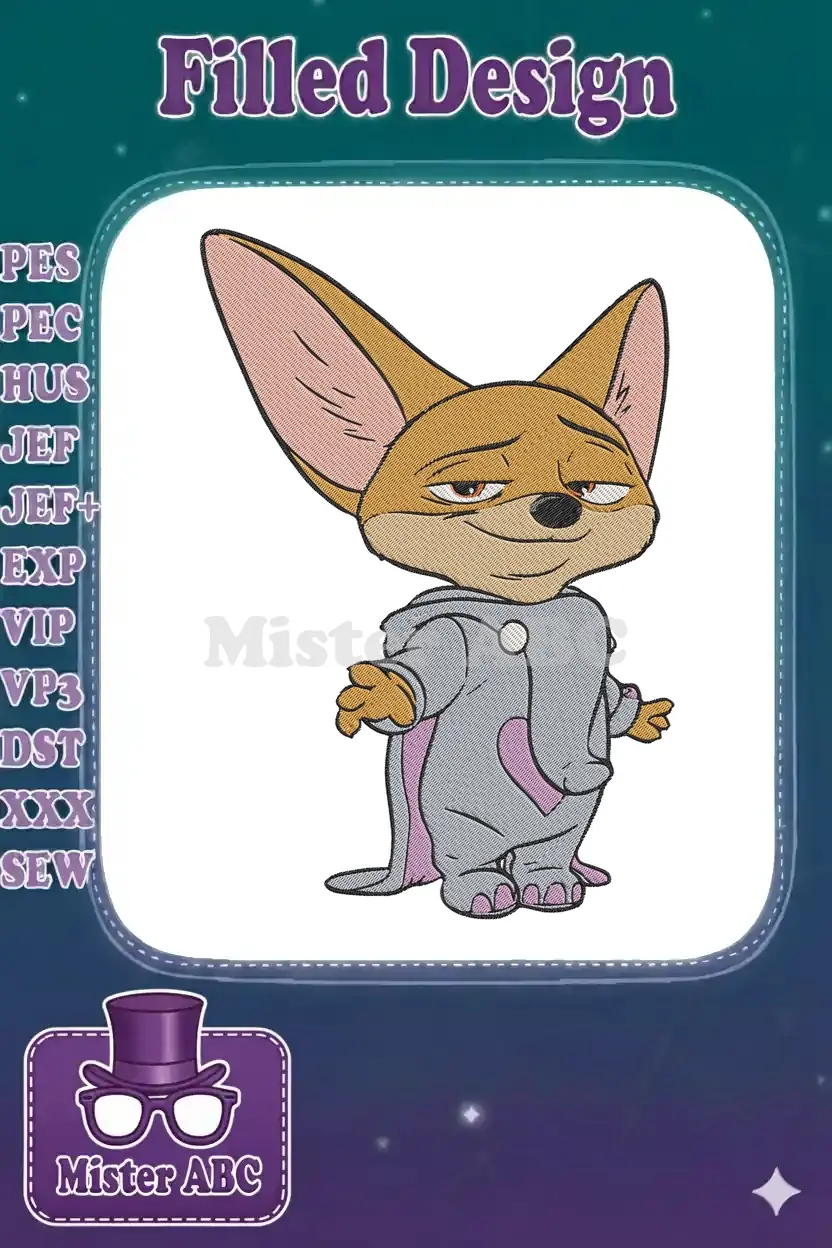 Full-color embroidery design of Finnick from Zootopia, a fennec fox, wearing a gray elephant costume.