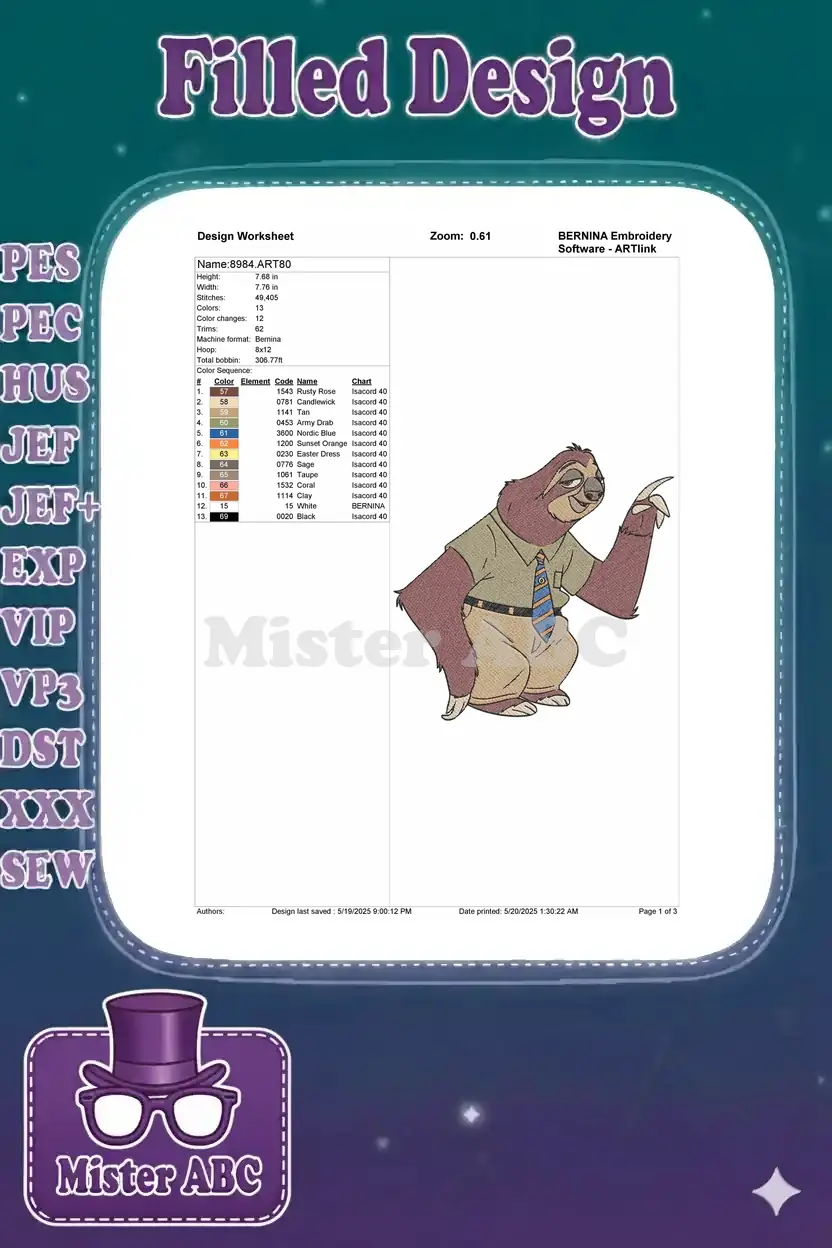 An embroidery design worksheet for '8984.ART80' featuring Flash, detailing dimensions, stitch count, and color chart.