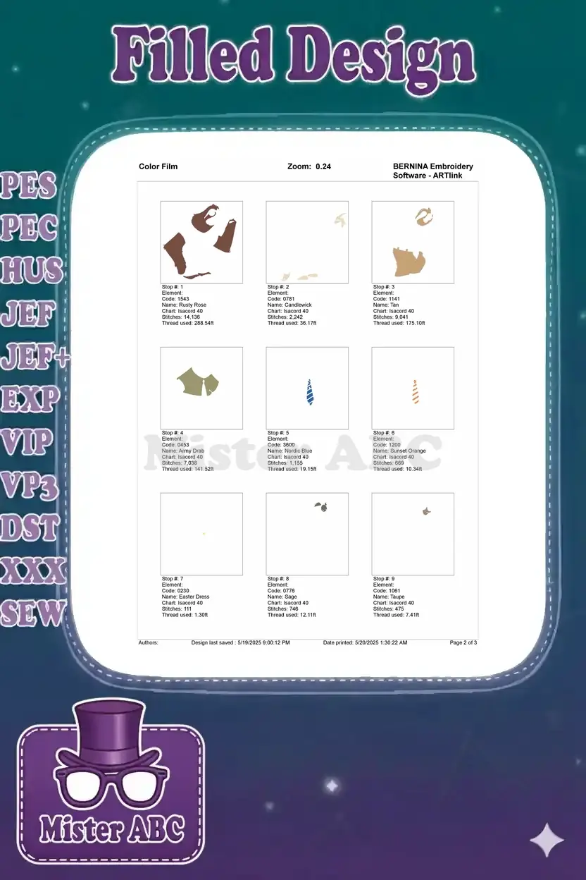 The first page of the color film document, showing the initial embroidery stop sequences and thread usage details.