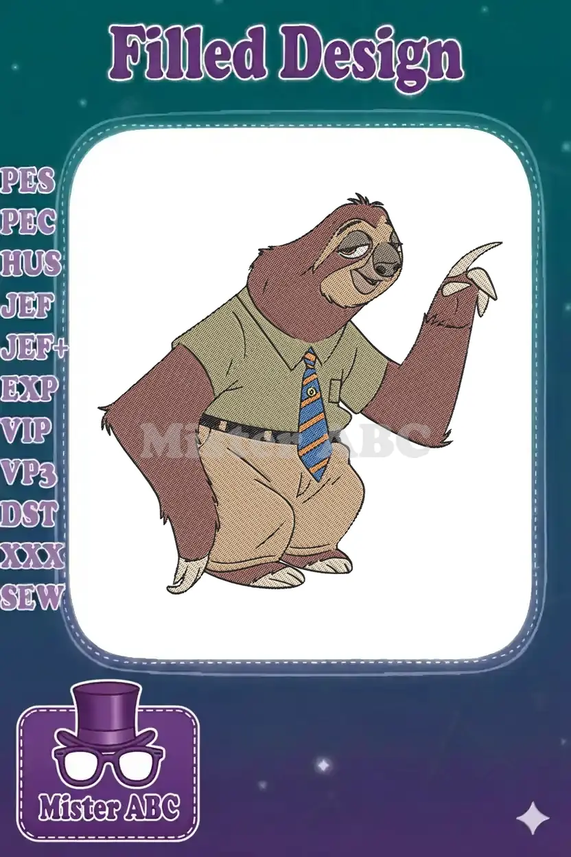 A detailed machine embroidery design of Flash the sloth from Zootopia, smiling slyly and pointing, wearing a shirt and tie.