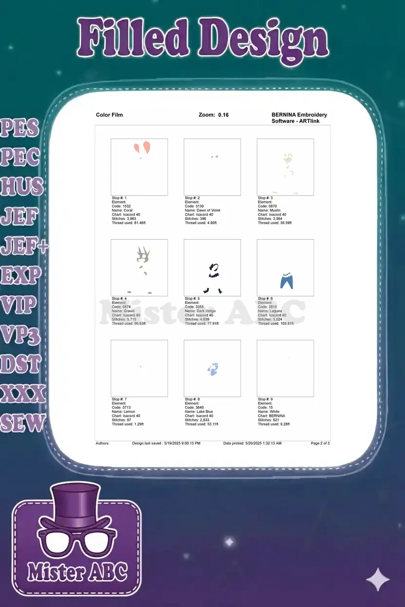 Color film showcasing the first nine individual stitching steps for the Judy Hopps embroidery design.