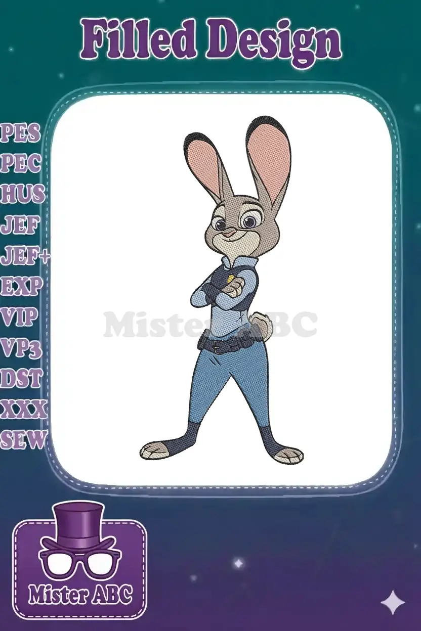 Full-body embroidery design of Judy Hopps from Disney's Zootopia, standing confidently with arms crossed.
