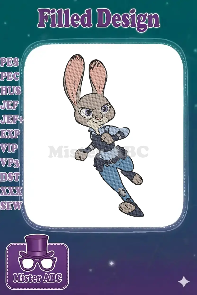 Dynamic Judy Hopps embroidery design from Zootopia, featuring the police rabbit in a determined pose, ready for action.