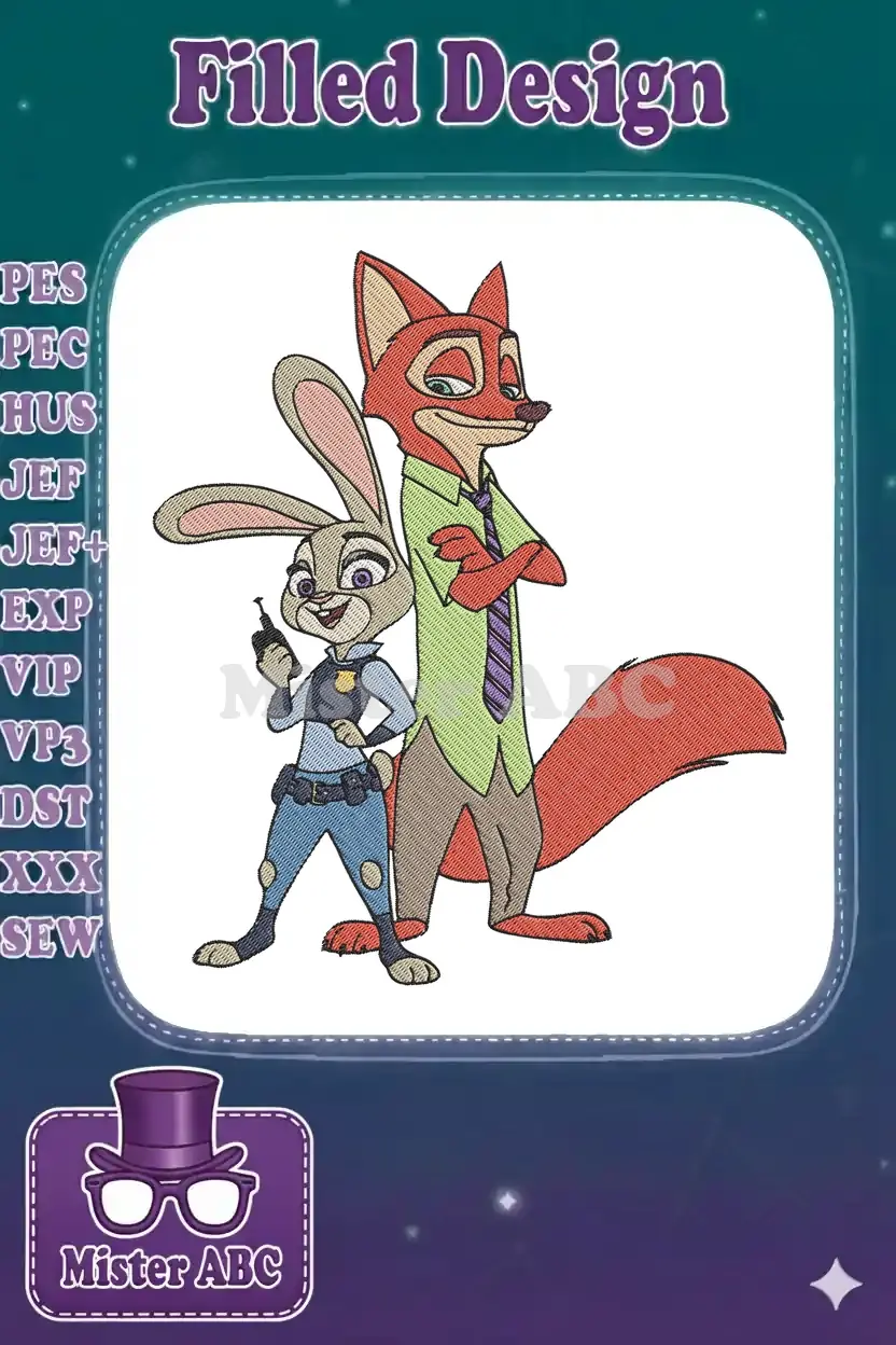 Vibrant embroidery design of Zootopia's Judy Hopps and Nick Wilde, standing back-to-back with detailed stitching.