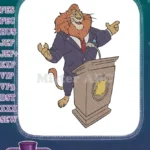 Cartoon lion in suit speaking at podium embroidery designs - Instant Download