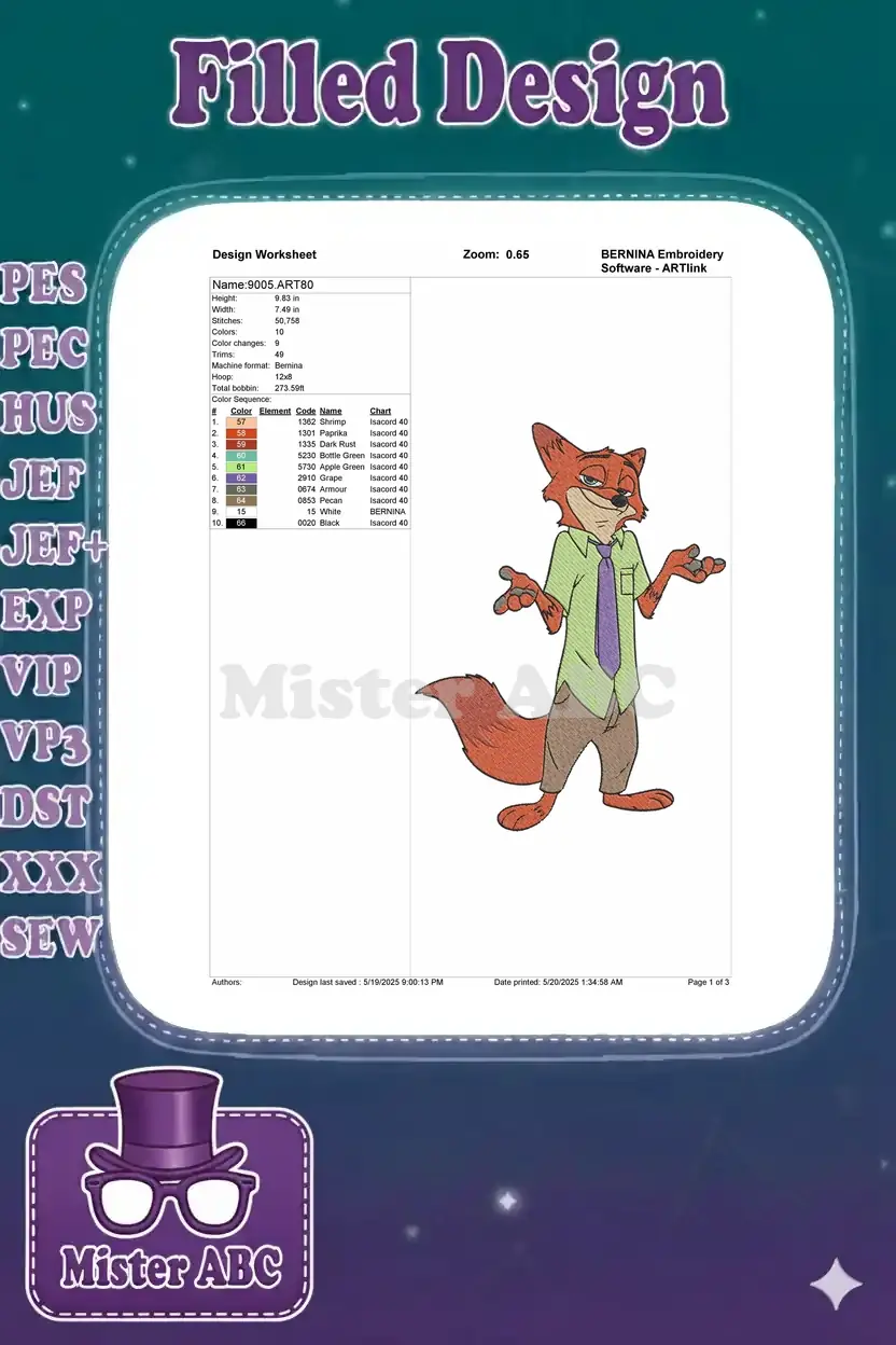 Embroidery design worksheet for Nick Wilde, showing dimensions, stitch count, color sequence, and thread details.