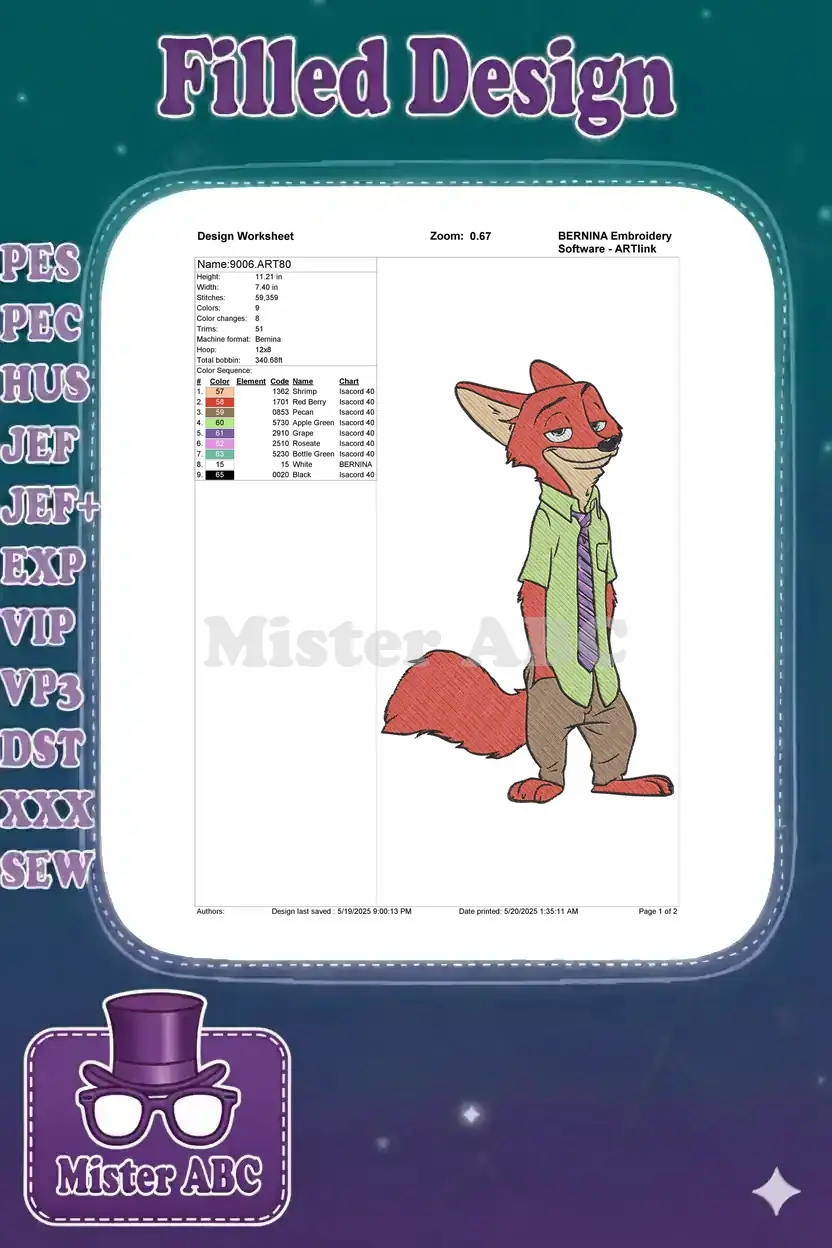 An embroidery design worksheet for Nick Wilde, detailing dimensions, stitch count, colors, and thread types for the project.