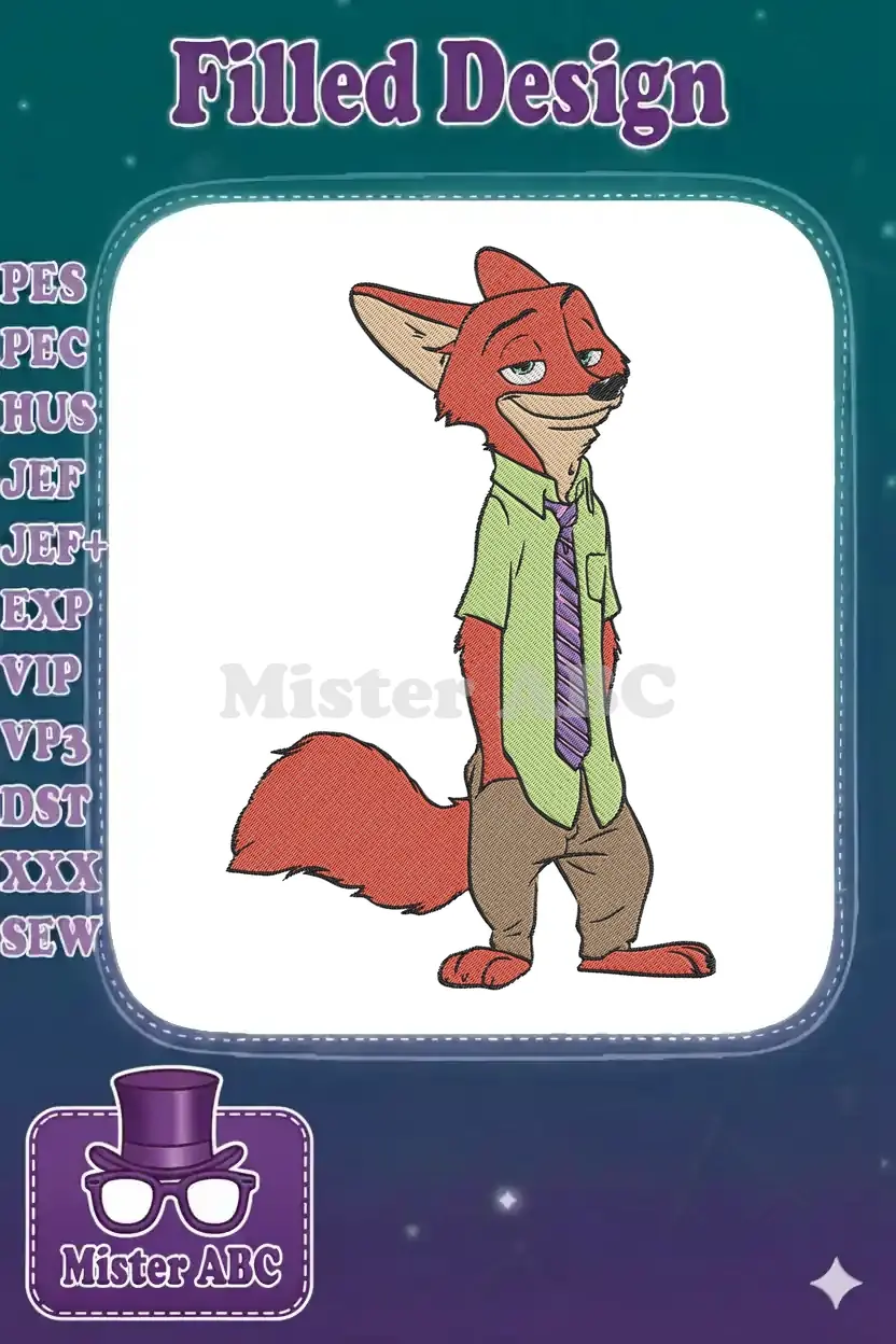 A detailed embroidery design of Nick Wilde from Zootopia, a sly fox standing confidently in his green shirt and striped tie.