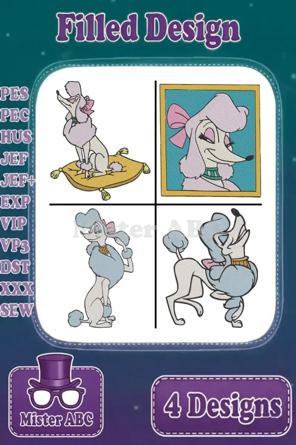 Four vibrant filled embroidery designs featuring Georgette the pampered poodle from Disney's Oliver & Company, showcasing various elegant poses.