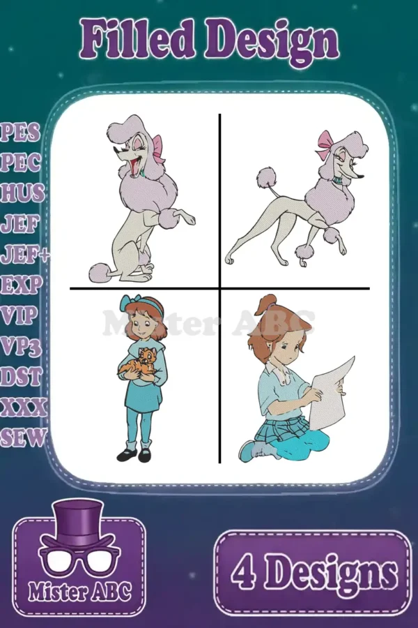 A charming bundle of four filled embroidery designs featuring two elegant poodles and two sweet girls.