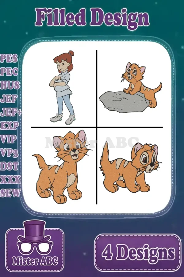 A vibrant grid showcasing four filled embroidery designs: Penny from The Rescuers and three poses of Oliver the cat.