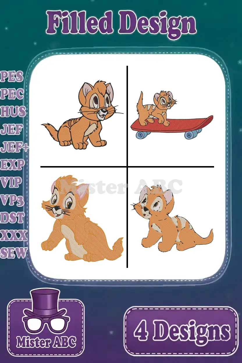 A vibrant collection of four filled embroidery designs featuring Oliver the kitten in various cute poses, ready for diverse projects.