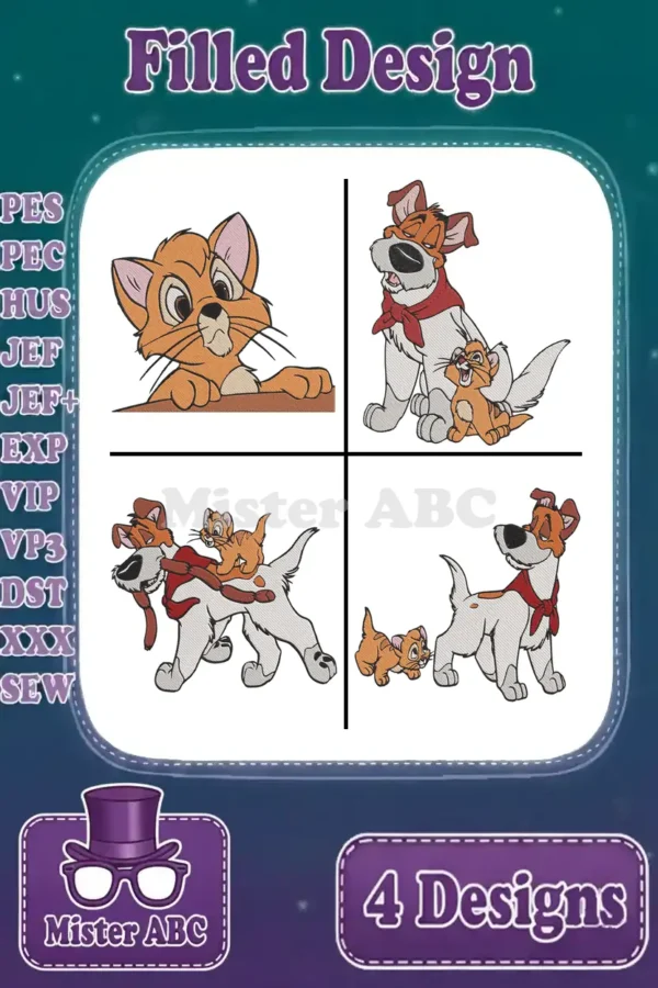 A vibrant collage of four filled embroidery designs featuring Oliver the kitten and Dodger the dog from Oliver & Company.