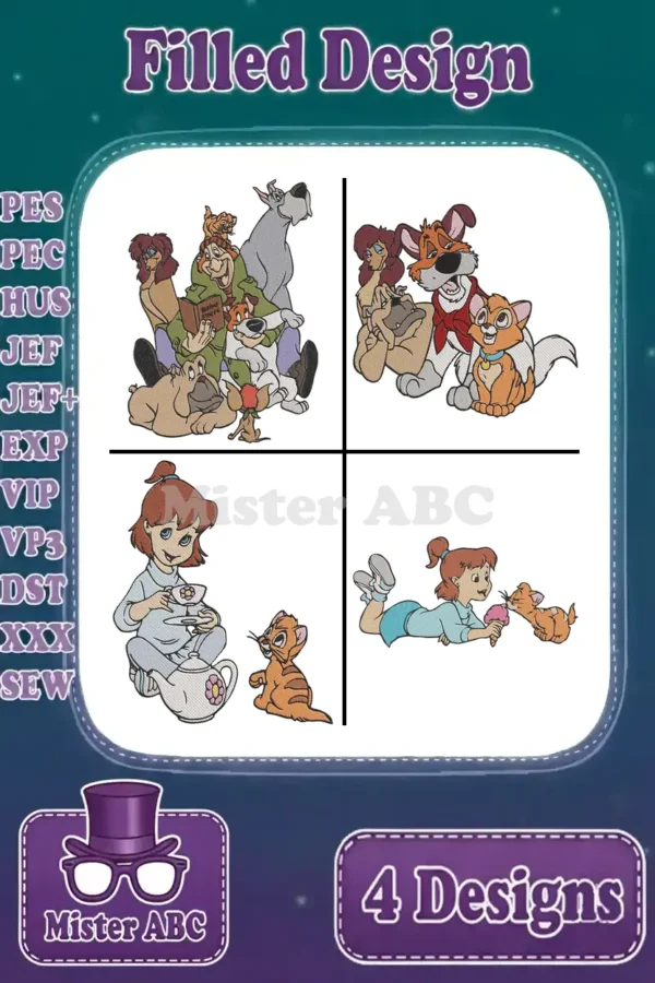 Four vibrant filled embroidery designs featuring main characters from Disney's Oliver & Company in a single display.