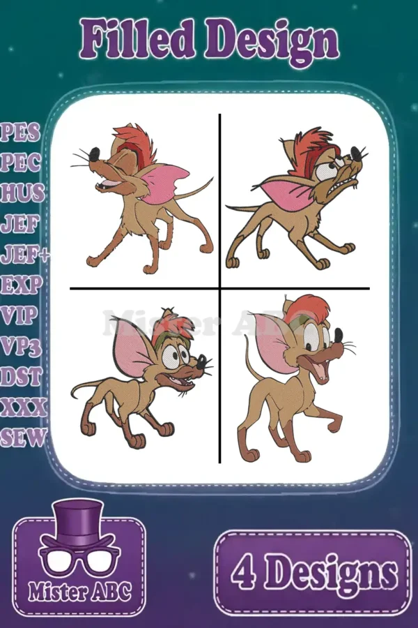 Four vibrant Tony Toponi filled embroidery designs, each displaying a unique expression and pose, ready for stitching.