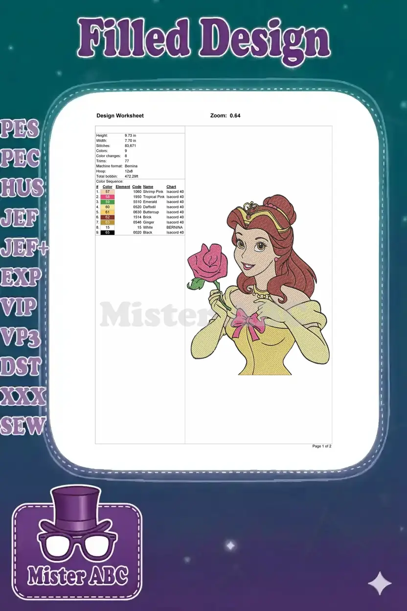 Detailed embroidery design worksheet for Belle, showing dimensions, stitch count, color sequence, and thread codes for the design.