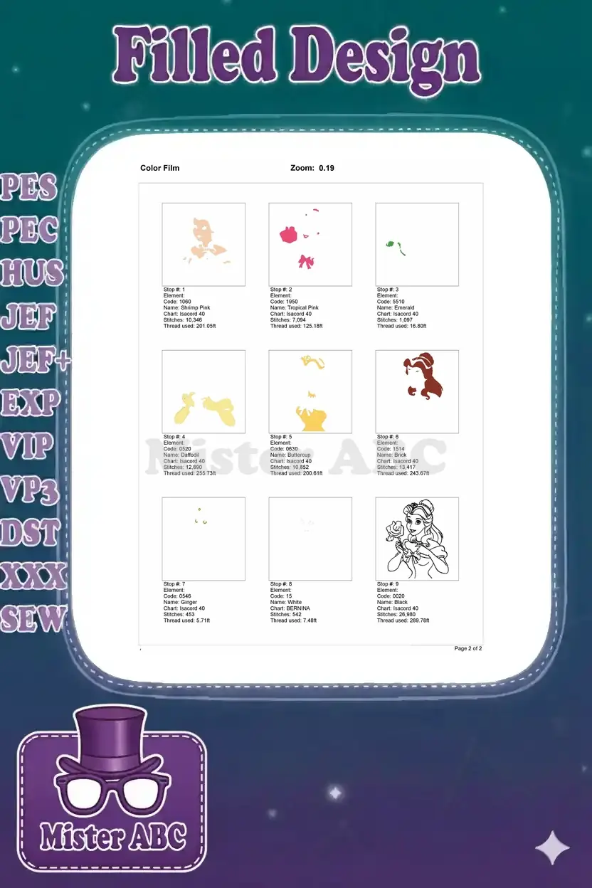 Embroidery color film showing the stitch order and individual color blocks for the Belle design, detailing thread changes.