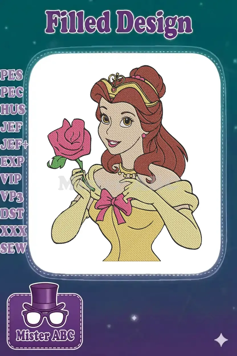 A beautiful embroidery design of Princess Belle from Beauty and the Beast, holding a vibrant pink rose, in her classic yellow gown.