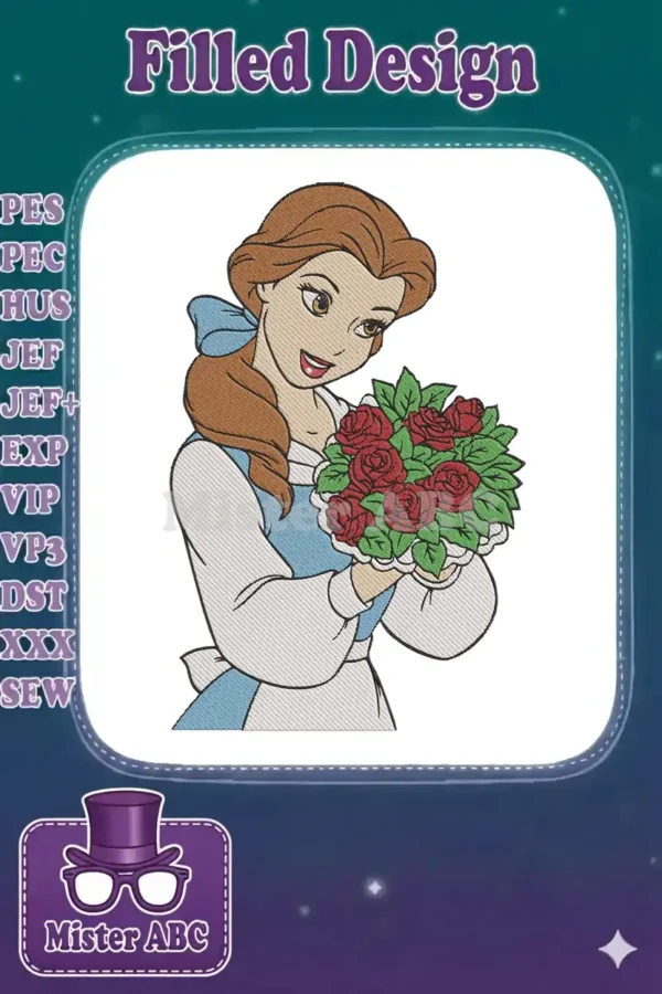 Detailed embroidery of Disney's Belle in her blue dress, holding a vibrant bouquet of red roses.
