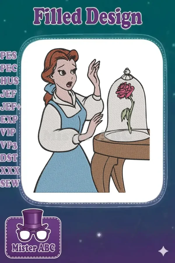 Belle from Beauty and the Beast reacting to the enchanted rose in a glass dome, detailed embroidery.