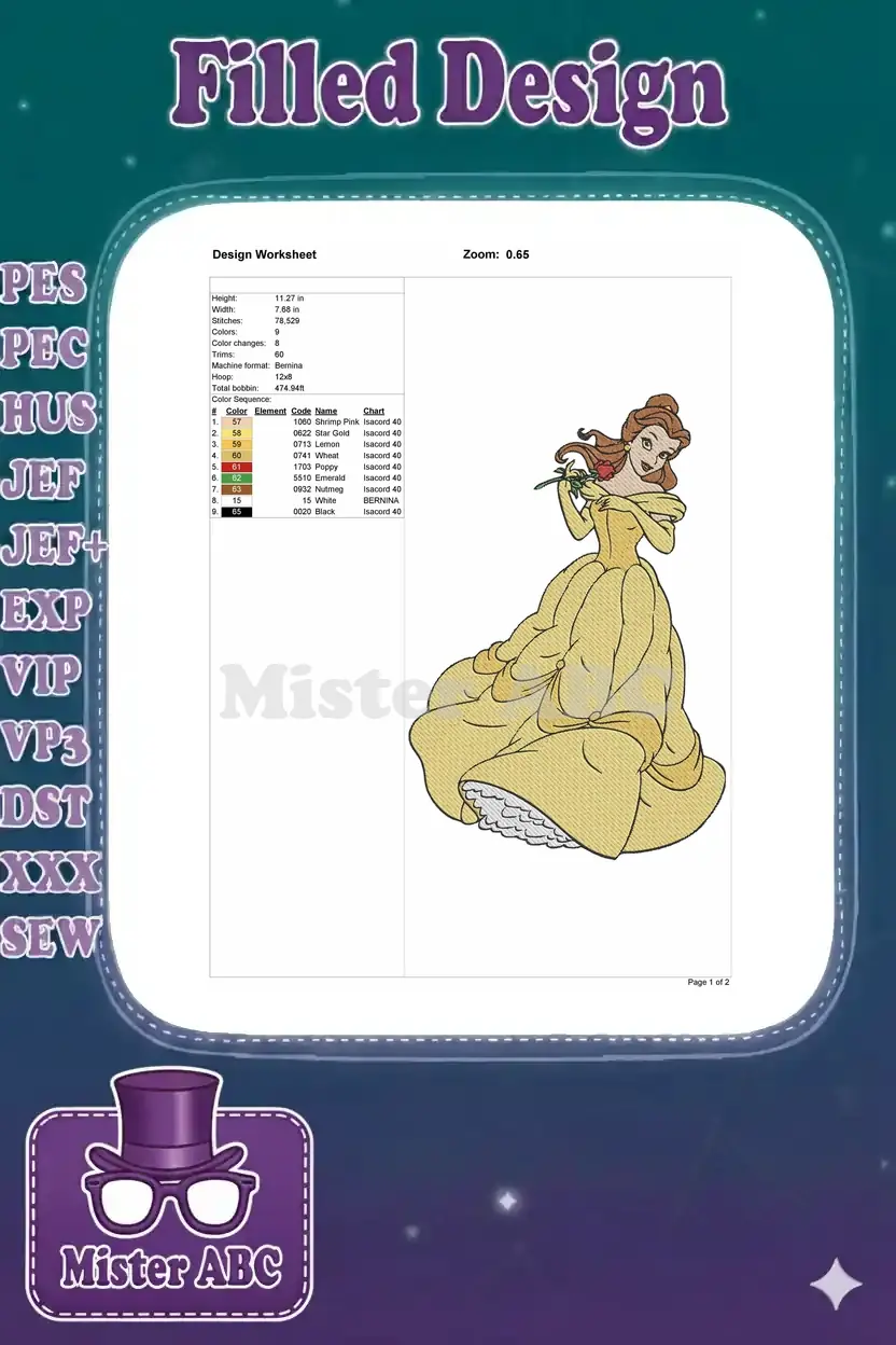 Embroidery design worksheet for Belle, detailing dimensions, stitch count, color sequence, and thread types.