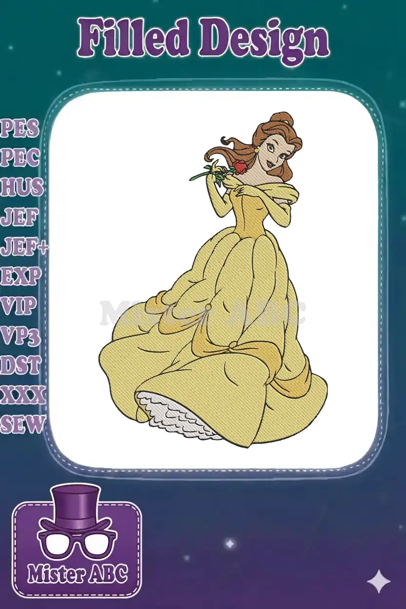 Elegant Belle embroidery design in her classic yellow ball gown, holding a red rose, perfect for Disney fans.