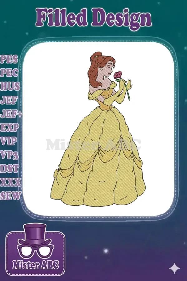 An exquisite machine embroidery design of Princess Belle in her iconic yellow ball gown, gracefully holding a single red rose.