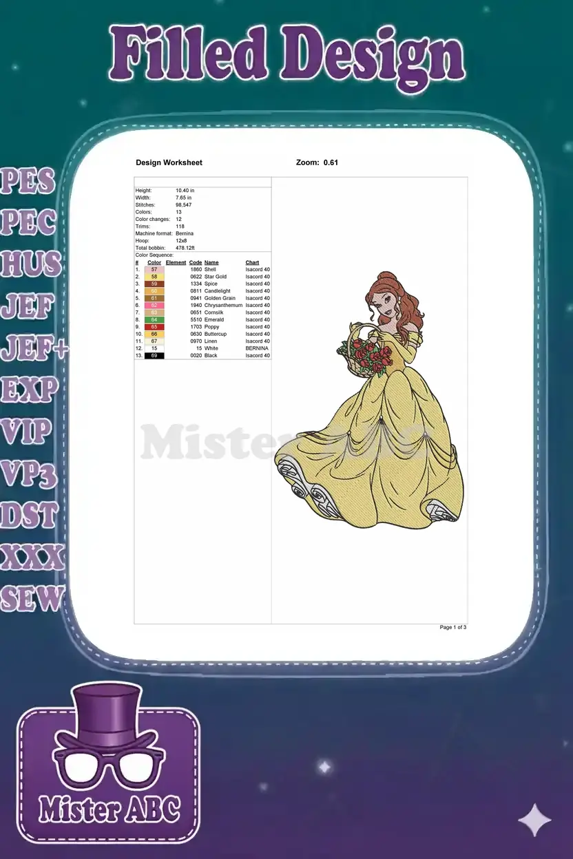 Detailed embroidery design worksheet showing dimensions, stitch count, color sequence, and thread codes for Belle.