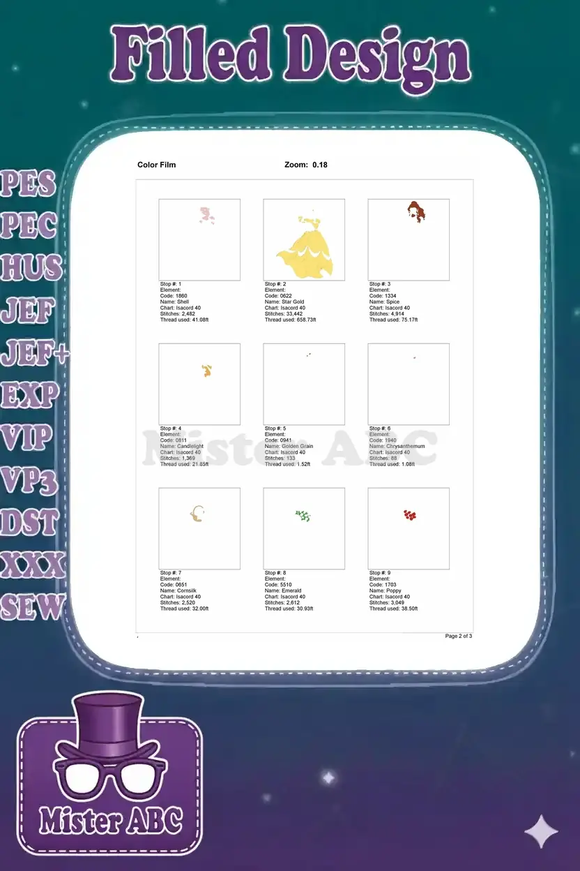First nine color film stops for Belle embroidery, illustrating stitch-by-stitch progression for accurate execution.