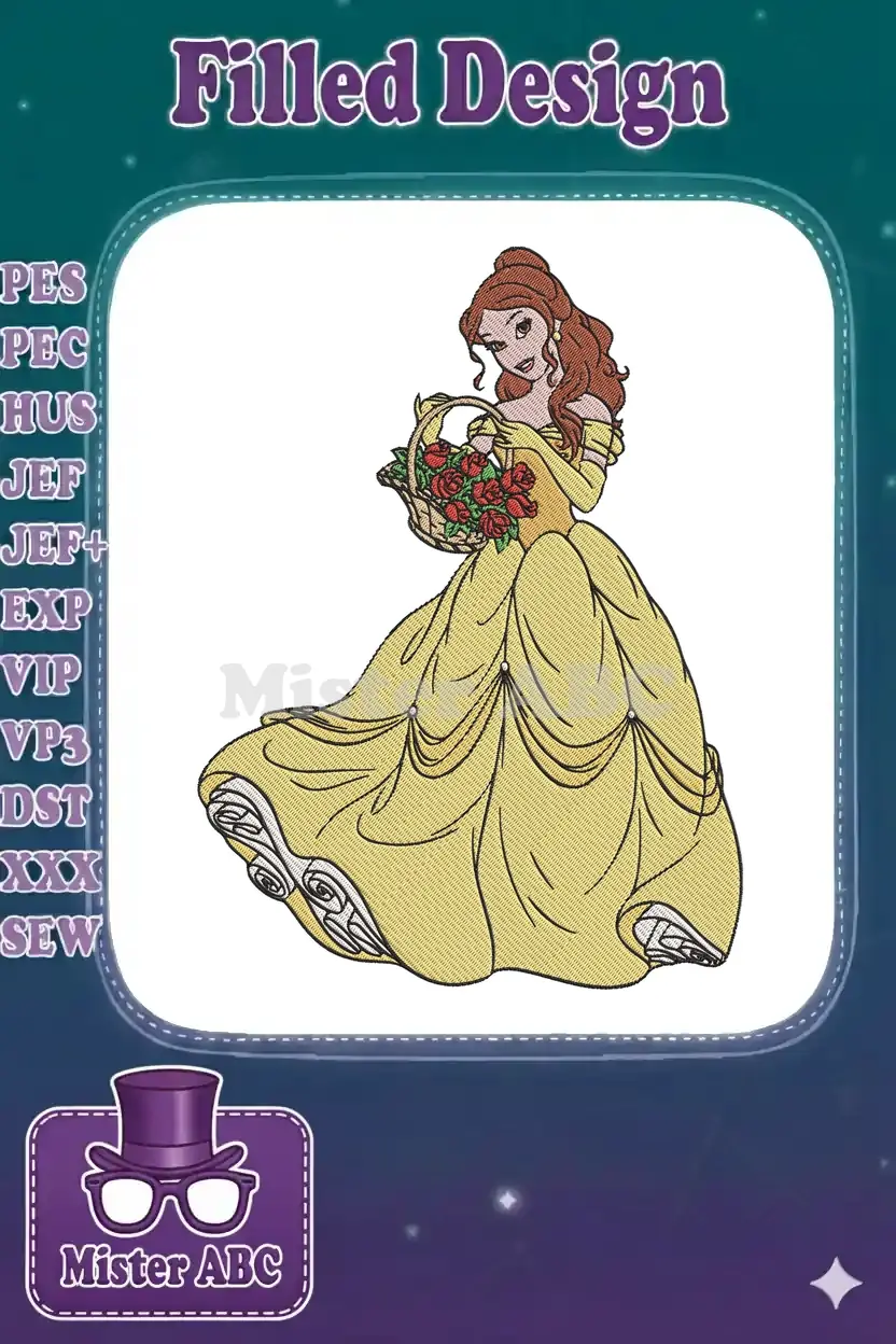 Belle, the iconic Disney princess, in her flowing yellow ball gown, gracefully holding a basket of red roses.