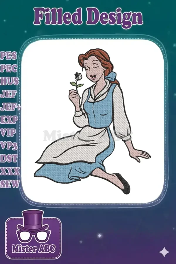 Embroidery design of Belle from Beauty and the Beast, in her blue village dress, holding a delicate white rose.