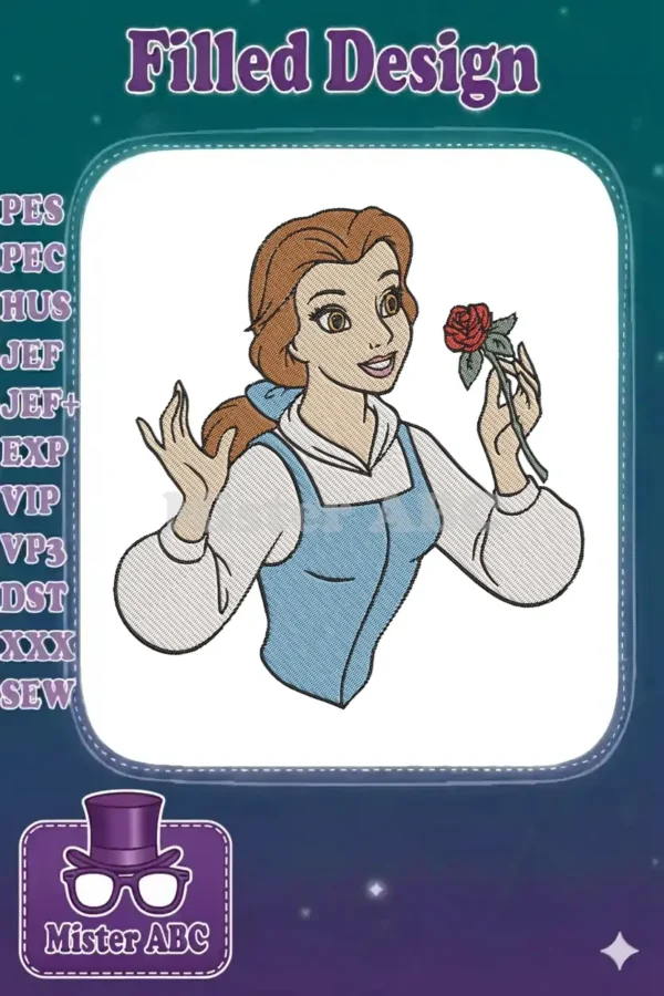 A vibrant embroidery design of Princess Belle from Beauty and the Beast holding a red rose, smiling gently.