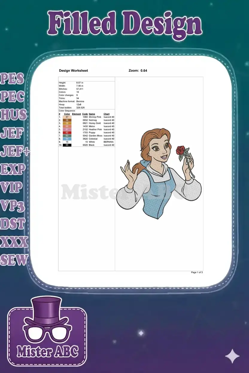 Embroidery design worksheet for Belle with Rose, detailing dimensions, stitch count, colors, and machine info.