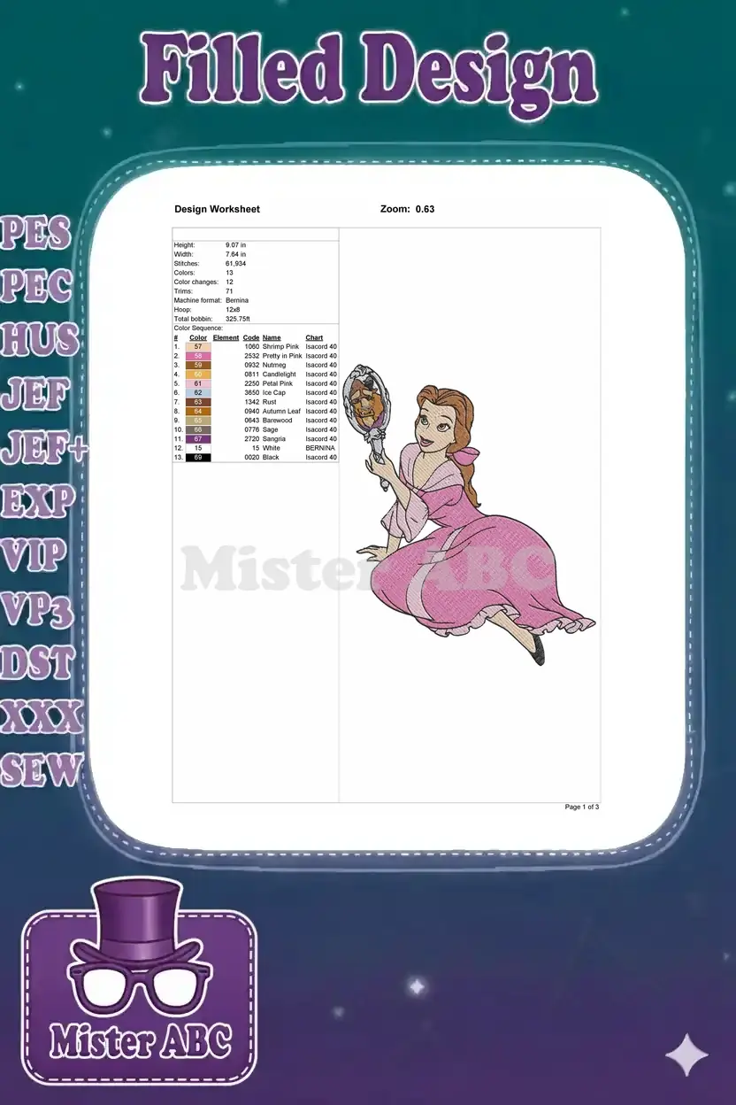A detailed embroidery design worksheet showing Belle, stitch count, dimensions, and color sequence chart.