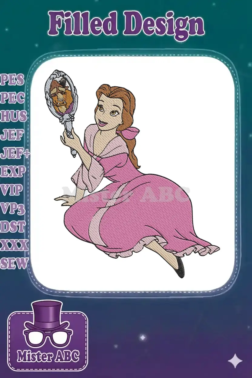 An enchanting embroidery design of Belle from Beauty and the Beast, gazing into a mirror reflecting the Beast.