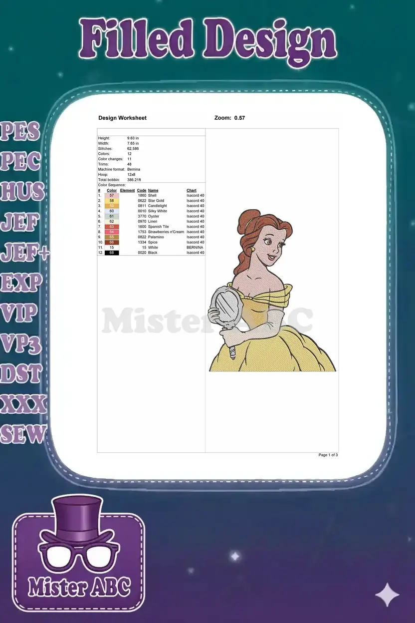 Detailed embroidery design worksheet for Belle, showing stitch count, colors, dimensions, and thread chart.