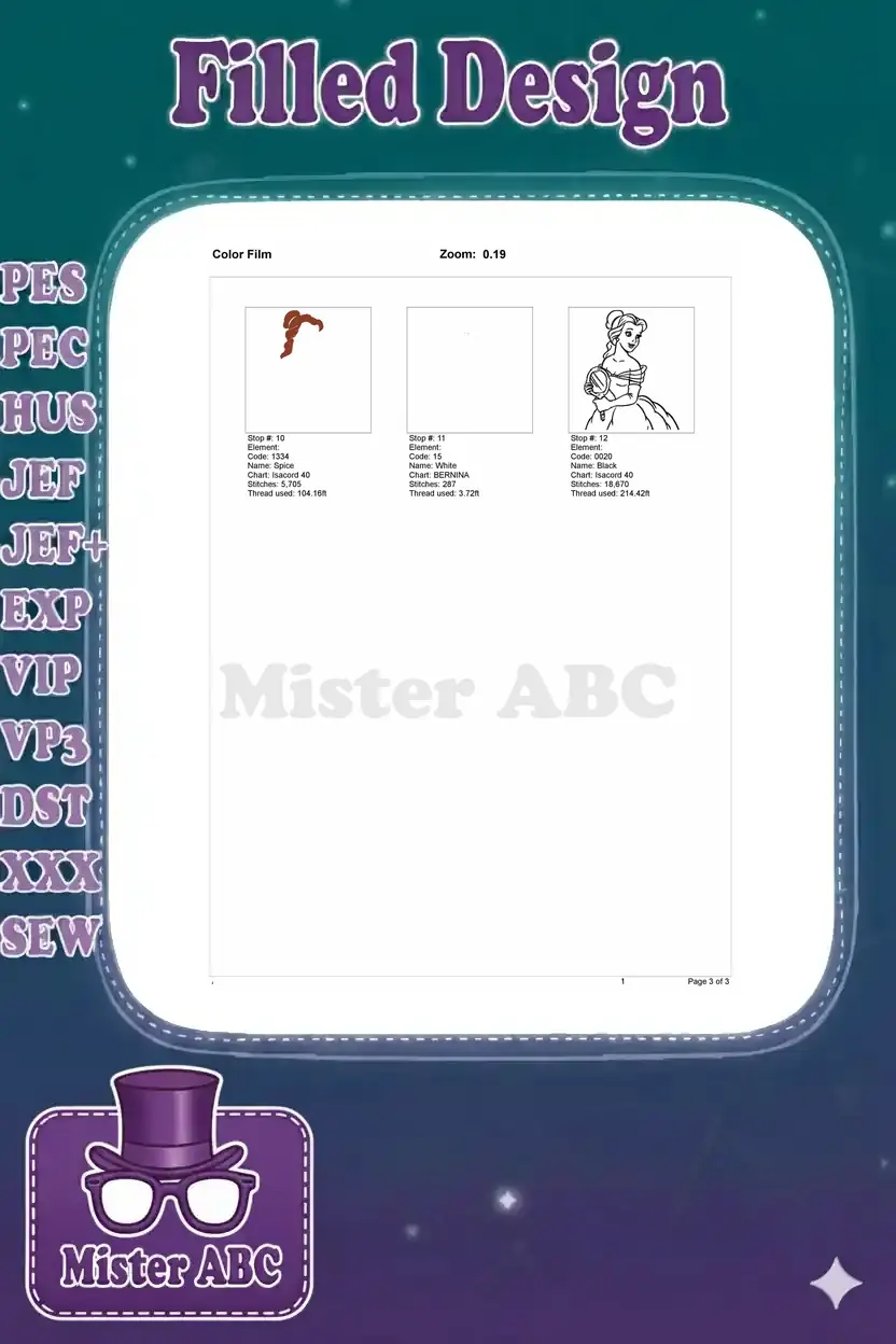 Second page of the color film, showing the final embroidery stops and outlines for Belle's design.