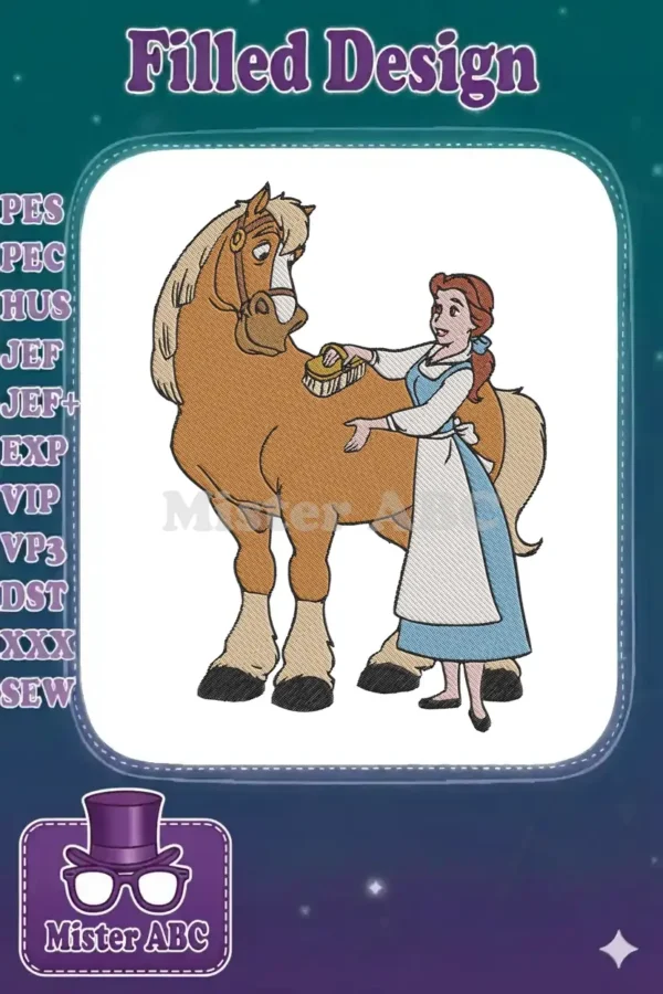 Belle from Beauty and the Beast brushing Philippe the horse, an iconic Disney scene in detailed embroidery.