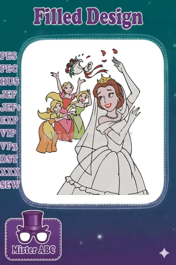 Belle, the beloved princess, in a beautiful wedding gown, surrounded by joyful friends in a charming embroidery design.