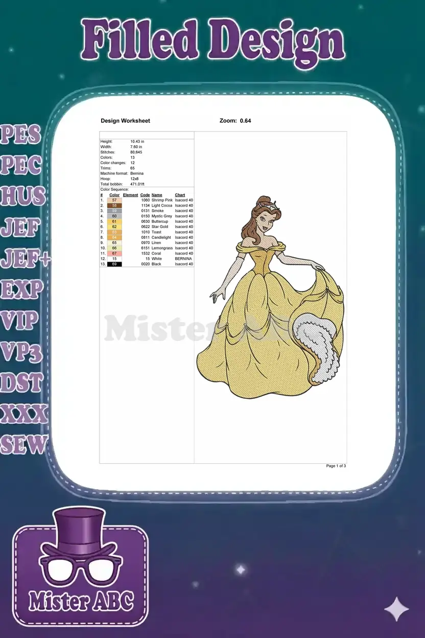 Embroidery design worksheet showing dimensions, stitch count, color chart, and a small design preview.