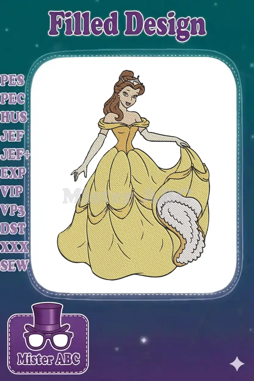 A vibrant embroidery design of Princess Belle from Beauty and the Beast in her classic yellow ball gown.