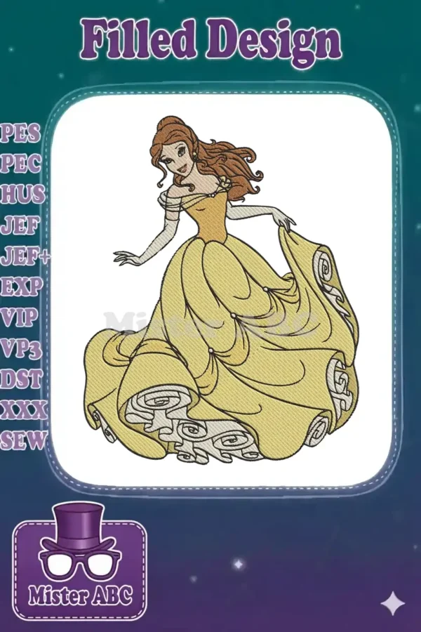 Belle from Beauty and the Beast in her elegant yellow ballgown, a stunning embroidery design with intricate details.