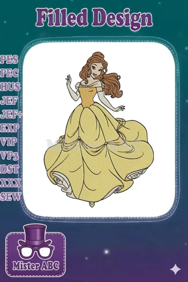Beautiful embroidery design of Princess Belle in her classic yellow ball gown, gracefully waving with a warm smile.
