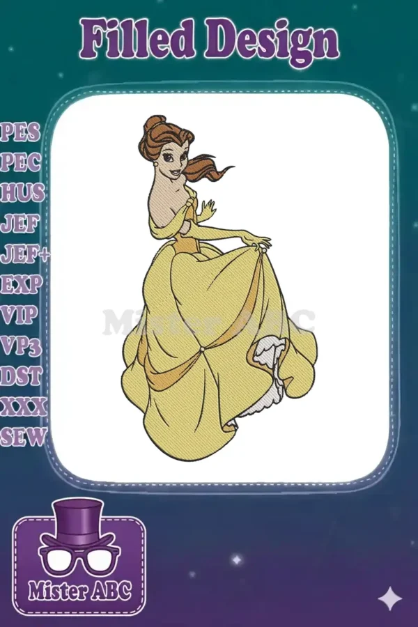 Elegant Belle embroidery design featuring her iconic yellow ball gown, captured in a graceful dancing pose.