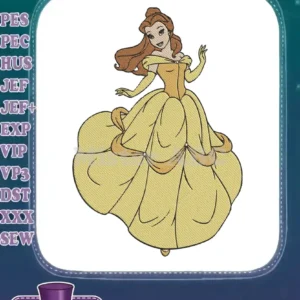 Detailed embroidery design of Disney Princess Belle in her iconic flowing yellow ball gown, smiling gracefully.