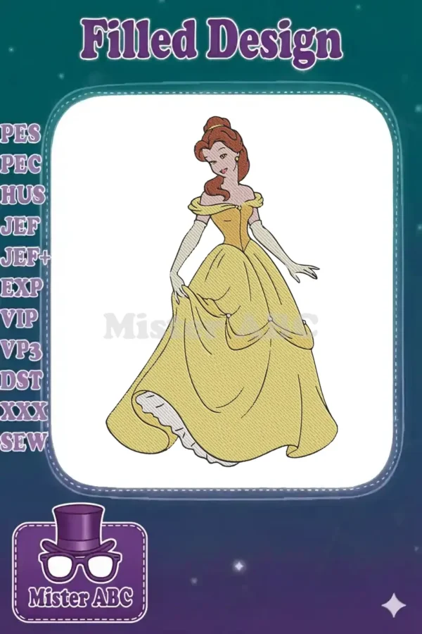 Stunning machine embroidery of Belle from Beauty and the Beast in her golden ball gown, ready to stitch.