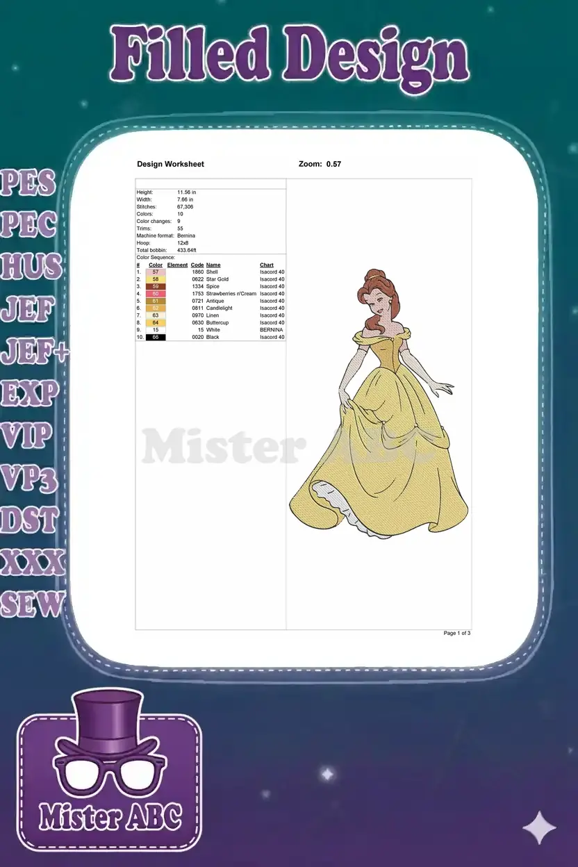 Embroidery design worksheet providing essential details like dimensions, stitch count, and color chart.