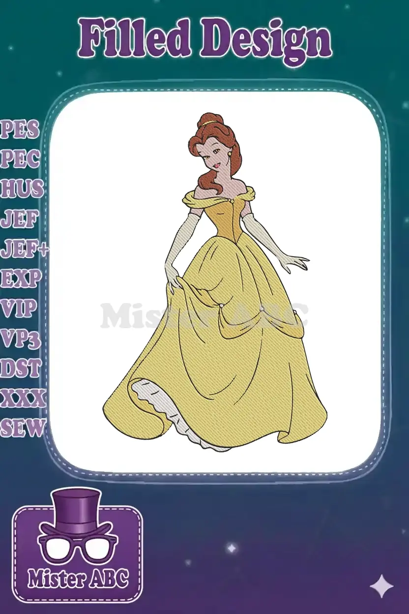 Stunning machine embroidery of Belle from Beauty and the Beast in her golden ball gown, ready to stitch.