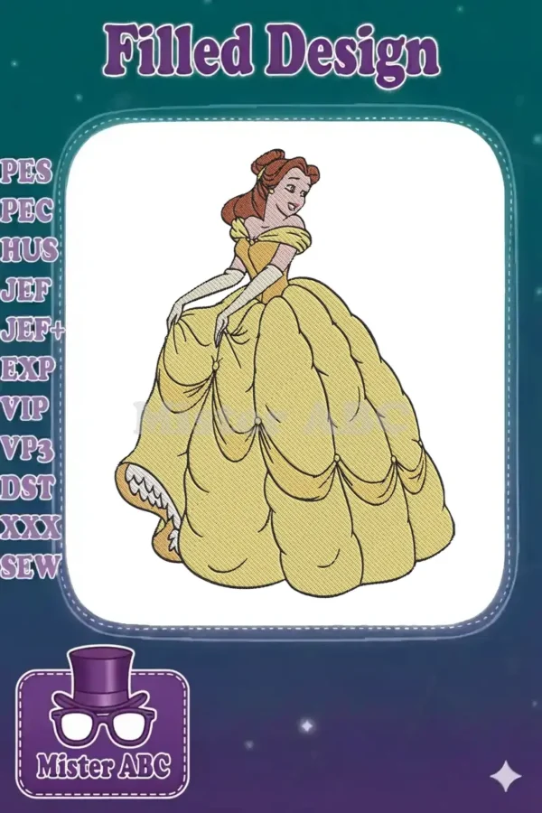 Full-body embroidery design of Disney Princess Belle, smiling in her elegant yellow ball gown with off-shoulder sleeves.